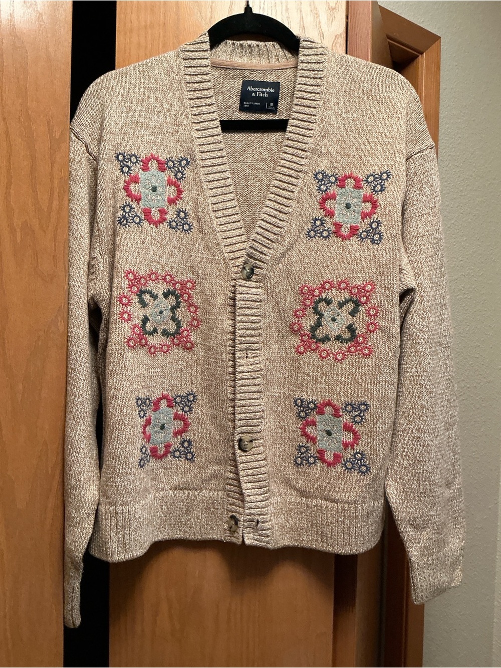 Abercrombie & Fitch Beige Cardigan with Pink and Blue Embroidery